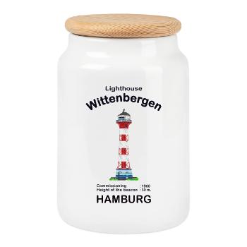 Hamburg Leuchtturm Wittenbergen, Handzeichnung - Keksdose mit Holzdeckel - Weiß - Vorne
