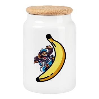 Singe patineur avec planche à roulettes banane - Boîte à biscuits avec couvercle en bois - blanc - Devant
