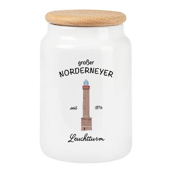 Norderney, Nordsee, großer Leuchtturm, Zeichnung - Keksdose mit Holzdeckel - Weiß - Vorne