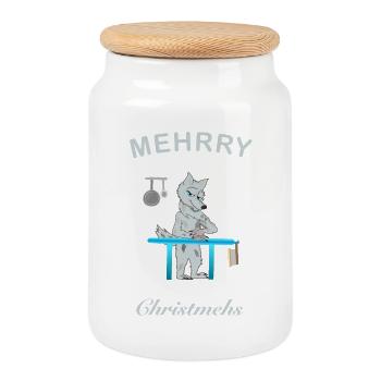 Mehrry Christmas, Cult Wolf - Cookie Jar with Wooden Lid - white - Front