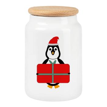 Pinguin mit Geschenk - Weihnachten - Keksdose mit Holzdeckel - Weiß - Vorne