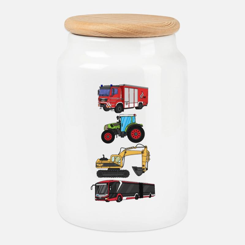 Feuerwehr, Bus, Traktor, Bagger - Keksdose mit Holzdeckel - Weiß