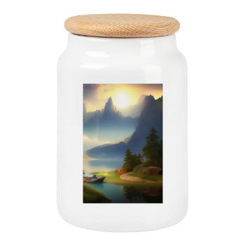 Landscape with lake, boat and mountains - Cookie Jar with Wooden Lid - white - Front