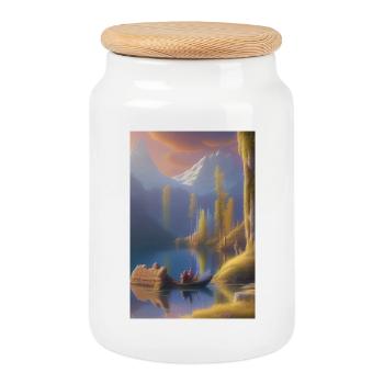 Landscape with lake, boat and mountains - Cookie Jar with Wooden Lid - white - Front