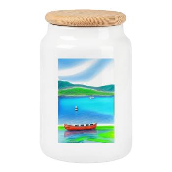 Landscape with lake, boat and mountains - Cookie Jar with Wooden Lid - white - Front
