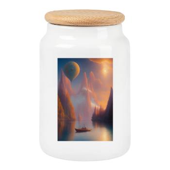 Landscape with lake, boat and mountains - Cookie Jar with Wooden Lid - white - Front