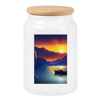 Landscape with lake, boat and mountains - Cookie Jar with Wooden Lid - white - Front