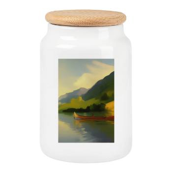 Landscape with lake, boat and mountains - Cookie Jar with Wooden Lid - white - Front