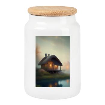 Charming lakeside cabin - Cookie Jar with Wooden Lid - white - Front