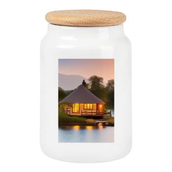 Charming lakeside cabin - Cookie Jar with Wooden Lid - white - Front