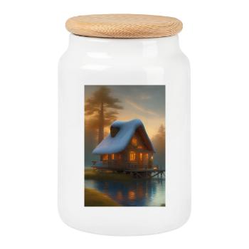 Charming lakeside cabin - Cookie Jar with Wooden Lid - white - Front