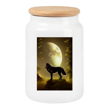 Le loup et la lune - Boîte à biscuits avec couvercle en bois - blanc - Devant