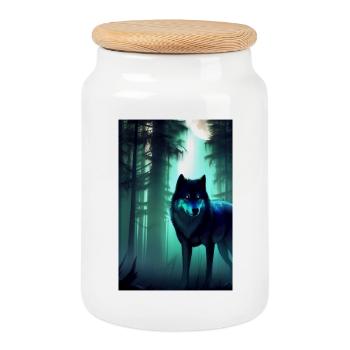 Loup dans la forêt - Boîte à biscuits avec couvercle en bois - blanc - Devant