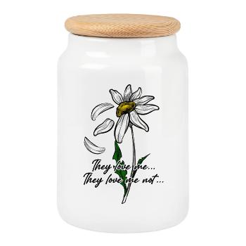 Daisy Line Art on Black - Cookie Jar with Wooden Lid - white - Front