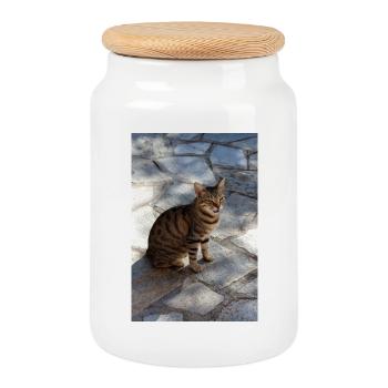 Cat Kitten - Cookie Jar with Wooden Lid - white - Front