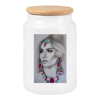 Woman with jewelry - Cookie Jar with Wooden Lid - white - Front