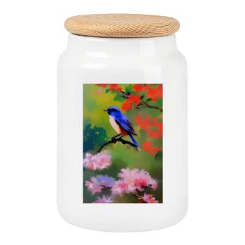 Oiseau sur branche avec fleurs - Boîte à biscuits avec couvercle en bois - blanc - Devant