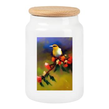 Bird on branch with colorful flowers - Cookie Jar with Wooden Lid - white - Front