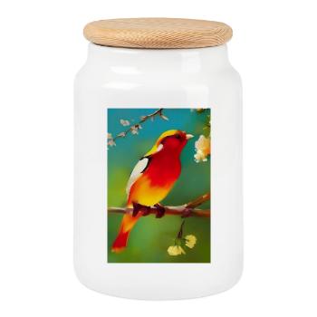 Bird on branch with colorful flowers - Cookie Jar with Wooden Lid - white - Front