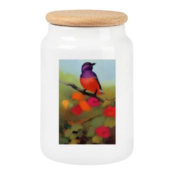 Bird on branch with colorful flowers - Cookie Jar with Wooden Lid - white - Front
