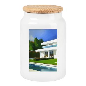 White villa with pool - Cookie Jar with Wooden Lid - white - Front