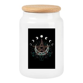 Pentagram moon and moon phases - Cookie Jar with Wooden Lid - white - Front