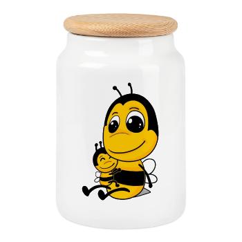 Bee Family - Bee with Baby - Bee Motif - Cookie Jar with Wooden Lid - white - Front