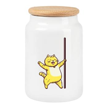 Happy Pole Dance Cat - Cookie Jar with Wooden Lid - white - Front
