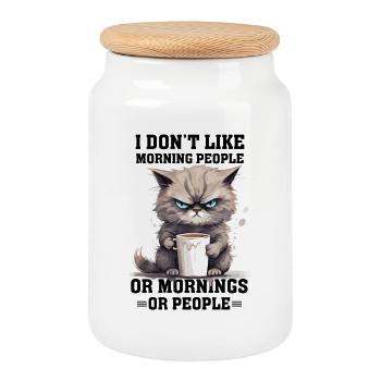 i don't like morning people Cat coffee - Cookie Jar with Wooden Lid - white - Front