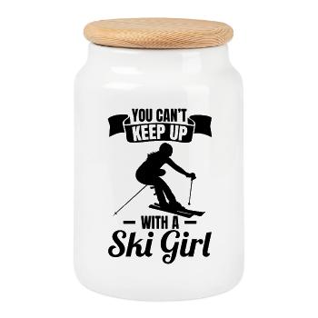 Skier Girl - Cookie Jar with Wooden Lid - white - Front