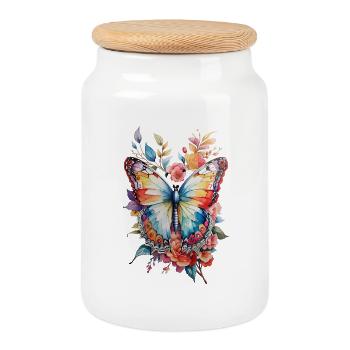 Papillon coloré motif floral - Boîte à biscuits avec couvercle en bois - blanc - Devant