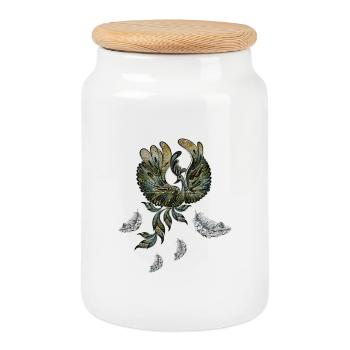 Elegant peacock in green colors. - Cookie Jar with Wooden Lid - white - Front