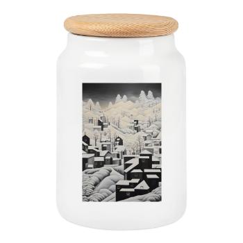 Snowy landscape, snowy village - Cookie Jar with Wooden Lid - white - Front