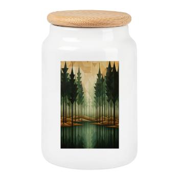 Forest Landscape in Geometric Style - Cookie Jar with Wooden Lid - white - Front