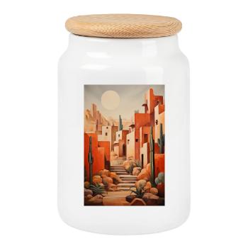 Desert Landscape, Desert Village - Cookie Jar with Wooden Lid - white - Front
