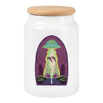 Man and Woman being abducted by alien spacecraft - Cookie Jar with Wooden Lid - white - Front