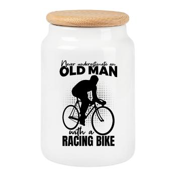 Never underestimate old road cyclists - Cookie Jar with Wooden Lid - white - Front