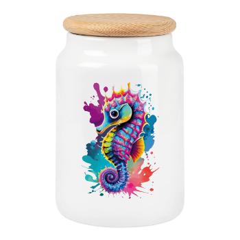 Seepferd Farbenfroh - Hippocampus Seepferdchen - Keksdose mit Holzdeckel - Weiß - Vorne