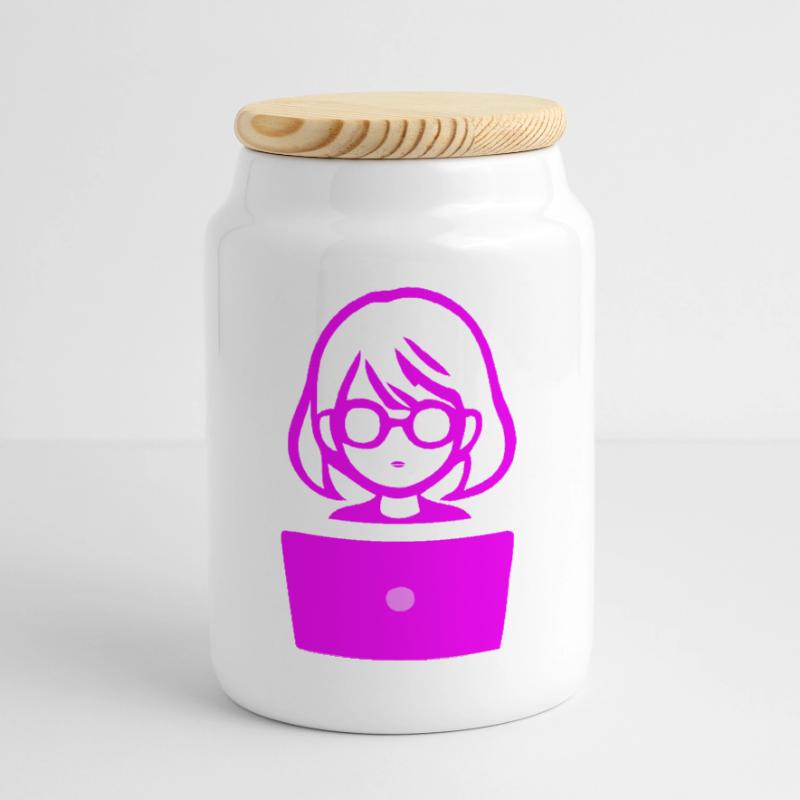 Woman with Computer Programmer Coder Cookie Jar with Wooden Lid