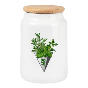 Take Away Herbs - lustiger Aufdruck für Feinschmecker - Keksdose mit Holzdeckel - Weiß - Vorne