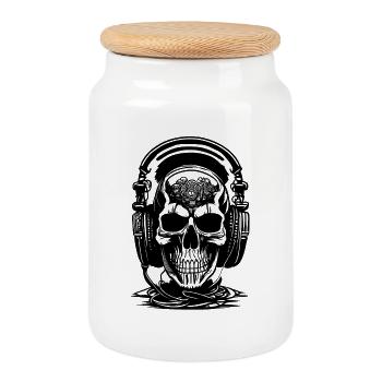 Skull with headphones and brain - Cookie Jar with Wooden Lid - white - Front