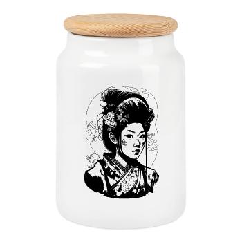 Comic Zeichnung einer japanischen Manga Geisha - Keksdose mit Holzdeckel - Weiß - Vorne