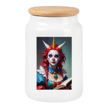 Clown Woman with Three Horns - Cookie Jar with Wooden Lid - white - Front