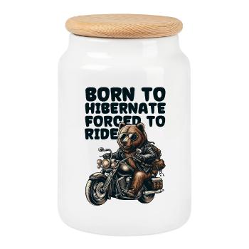BEAR ON WHEELS: BORN TO HIBERNATE FORCED TO RIDE - Cookie Jar with Wooden Lid - white - Front
