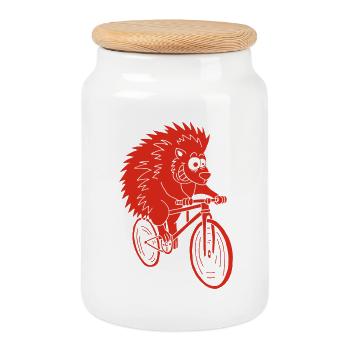 Red Hedgehog on a Bike - Cookie Jar with Wooden Lid - white - Front