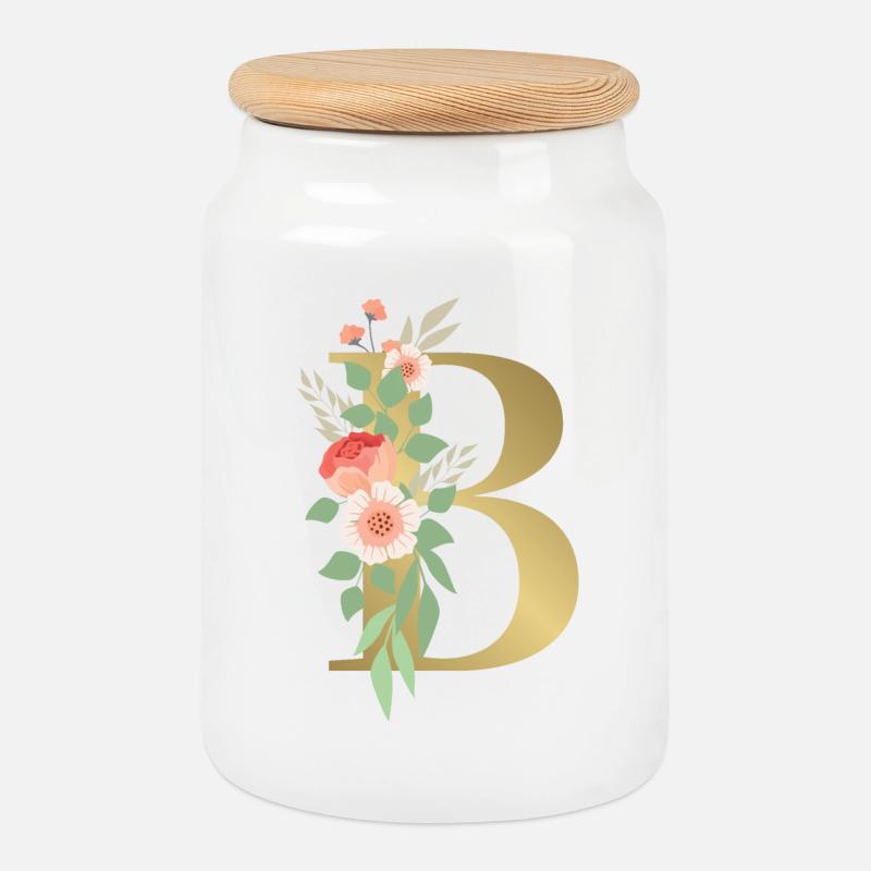 Eleganter Buchstabe 'B' mit Blumen - Keksdose mit Holzdeckel - Weiß