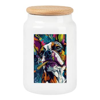 Bouledogue aux couleurs vives avec un cigare - Boîte à biscuits avec couvercle en bois - blanc - Devant