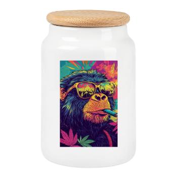 Psychedelischer Affe mit Sonnenbrille - Keksdose mit Holzdeckel - Weiß - Vorne
