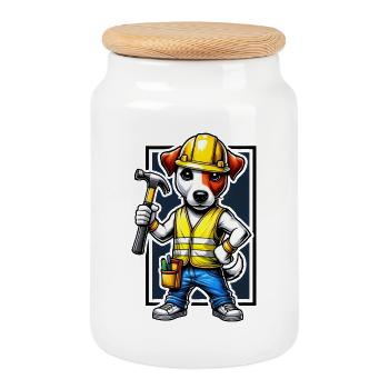 Jack Russell Terrier Bauarbeiter - Keksdose mit Holzdeckel - Weiß - Vorne