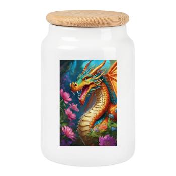 Ember Dragon in Bloom Forest - Cookie Jar with Wooden Lid - white - Front